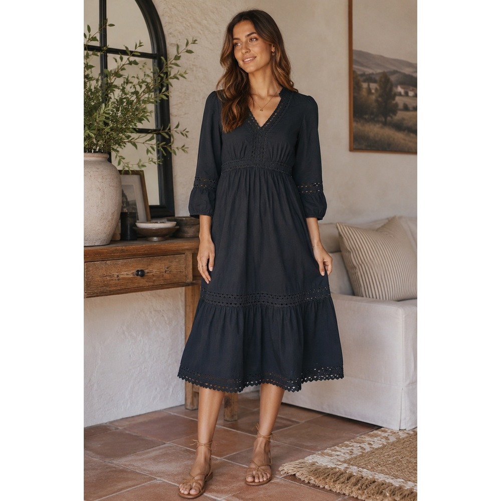 J Crew Dress Womens Medium Black Midi Boho Cottagecore Eyelet Tiered